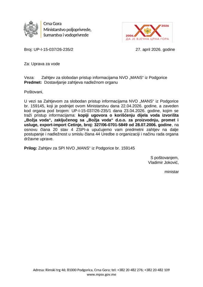 Dostavljanje  zahtjeva nadležnom organu NVO MANS 159145 UP-I-15-037-26-235-2