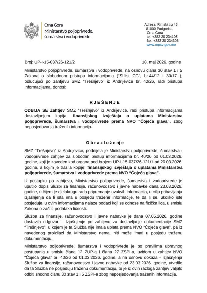 Rješenje odbijen zahtjev SMZ Trešnjevo UP-15-037-26-121-2