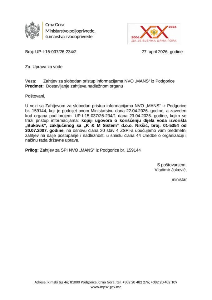 Dostavljanje  zahtjeva nadležnom organu NVO MANS 159144 UP-I-15-037-26-234-2