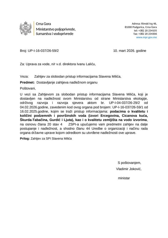 Dostavljanje  zahtjeva nadležnom organu Slavenu Miliću
