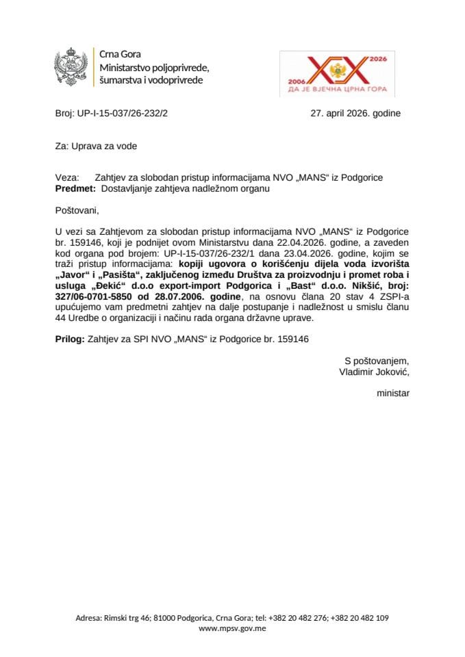 Dostavljanje  zahtjeva nadležnom organu NVO MANS 159146 UP-I-15-037-26-232-2