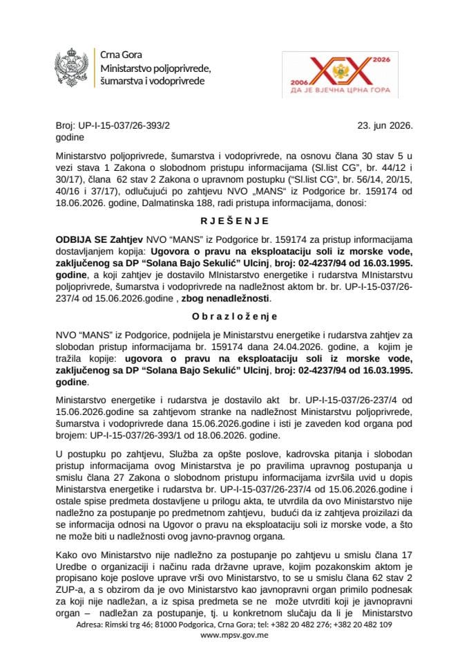 Rješenje odbijen zahtjev NVO MANS  UP-I-15-037-26-393-2 zbog nenadležnosti