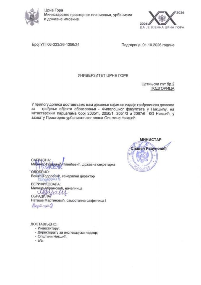 Izdate građevinske dozvole - UPI 06_333_26_1356_24 UNIVERZITET CRNE GORE
