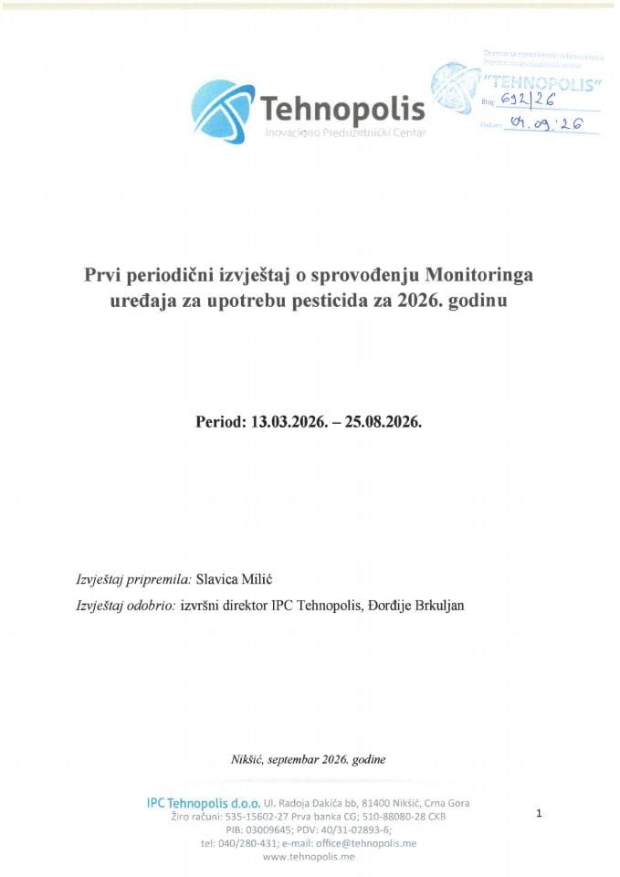 Prvi periodični izvještaj o sprovođenju Monitoringa uređaja za upotrebu pesticida za 2026. godinu