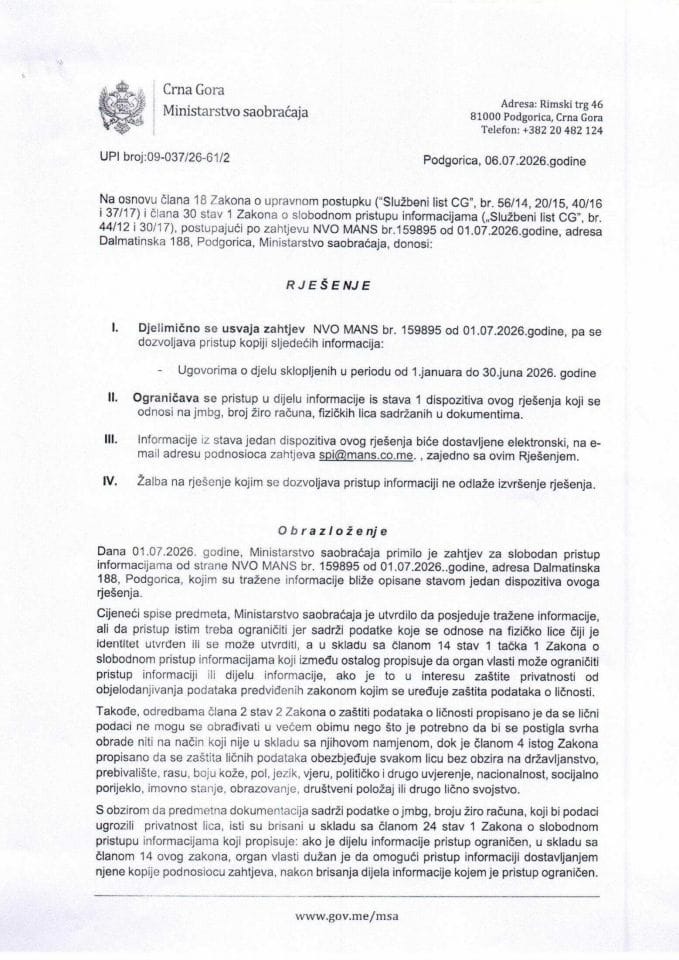 Rješenje UPI 09-037-26-61-2 od 06.07.2026. godine