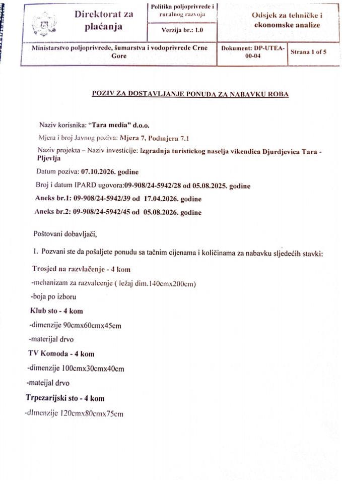 Poziv za dostavljanje ponuda za nabavku roba - Tara media