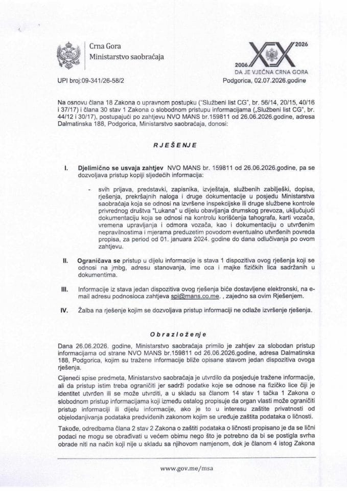 Rješenje UPI 09-341-26-58-2 od 02.07.2026. godine