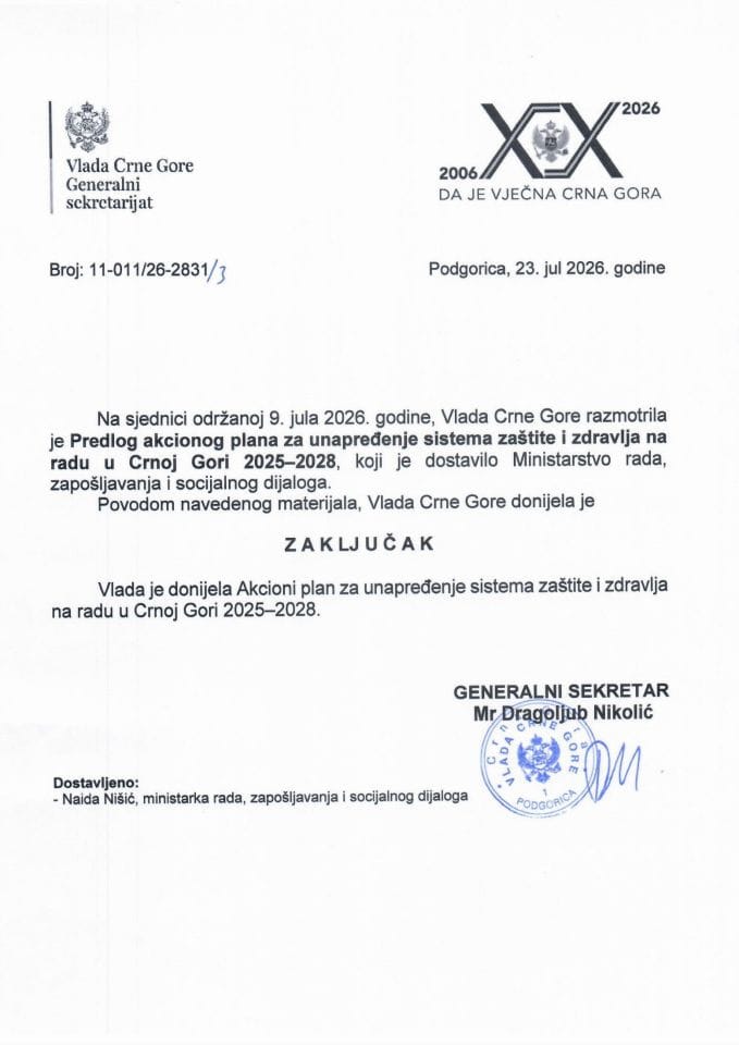 Predlog akcionog plana za unapređenje sistema zaštite i zdravlja na radu u Crnoj Gori 2025–2028 - Zaključci