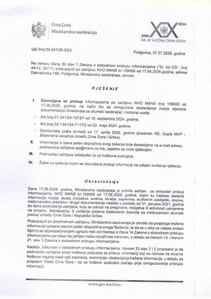 Rješenje UPI 09-341-26-52-3 od 07.07.2026. godine
