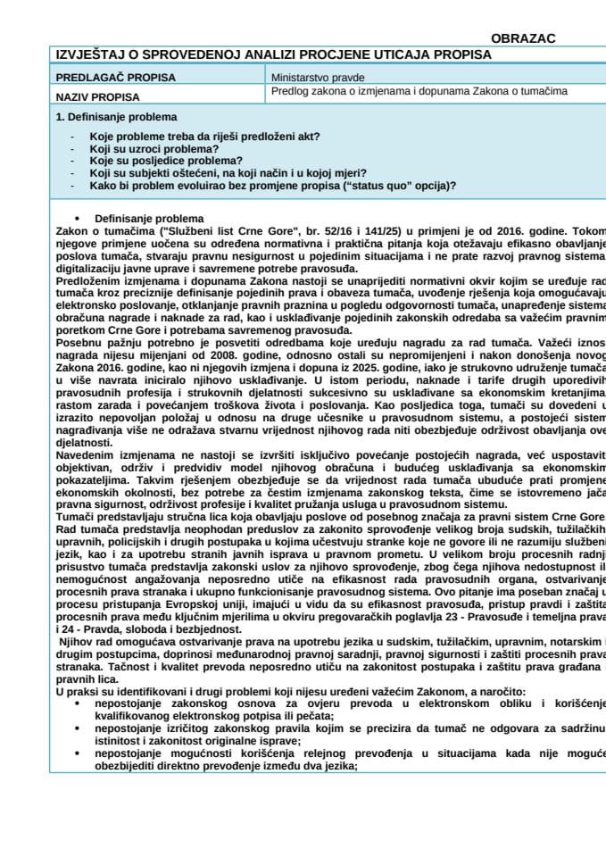 Izvještaj o sprovedenoj analizi procjene uticaja propisa - Predlog zakona o izmjenama i dopunama Zakona o tumačima