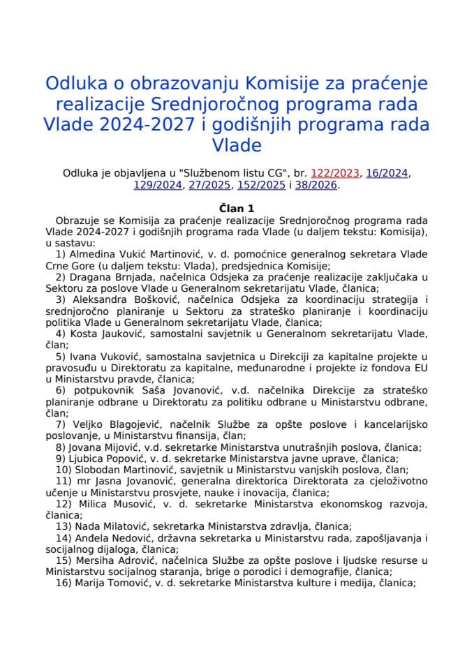 Odluka o obrazovanju Komisije za praćenje realizacije Srednjoročnog programa rada Vlade 2024-2027 i godišnjih programa rada