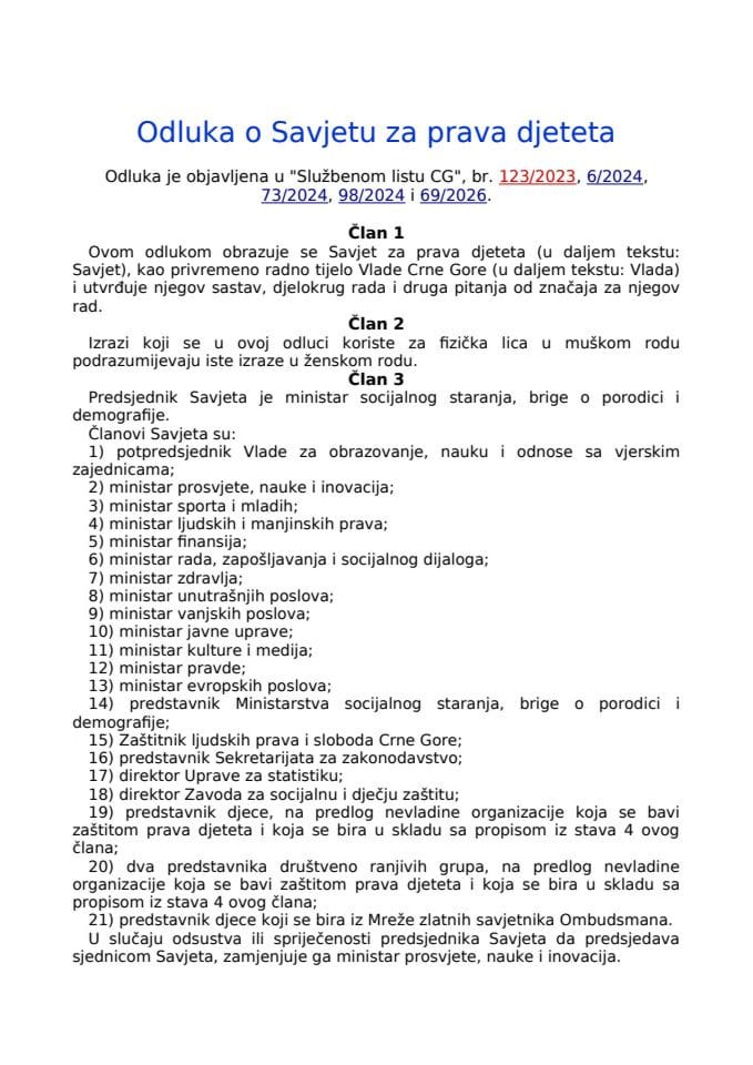 Odluka o Savjetu za prava djeteta