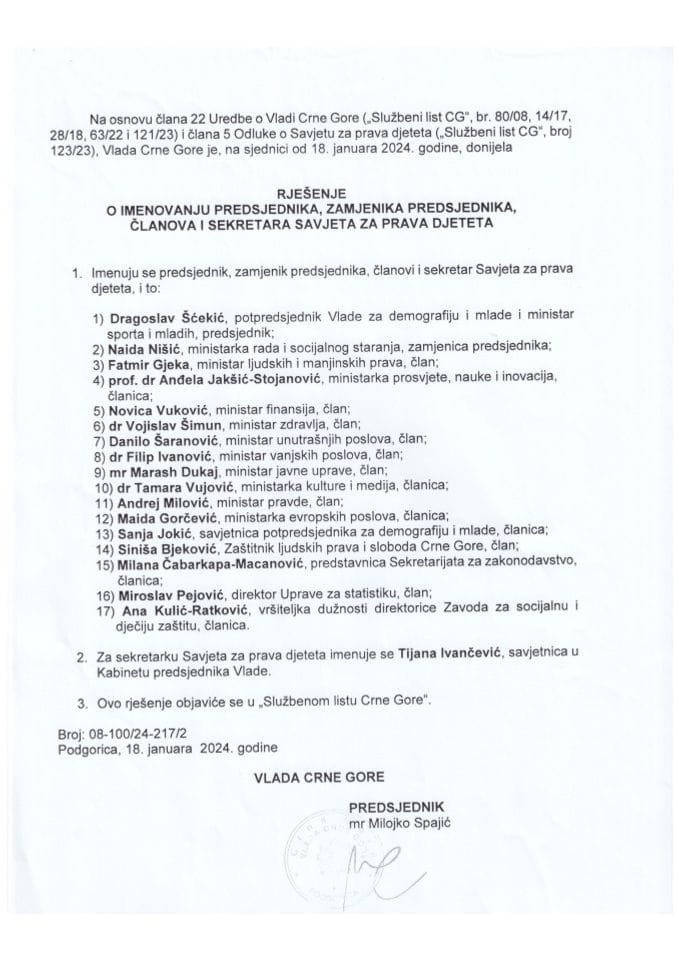 Rješenje o imenovanju članova Savjeta za prava djeteta