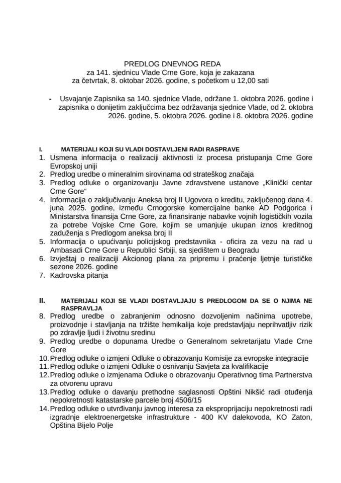 Предлог дневног реда за 141. сједницу Владе Црне Горе