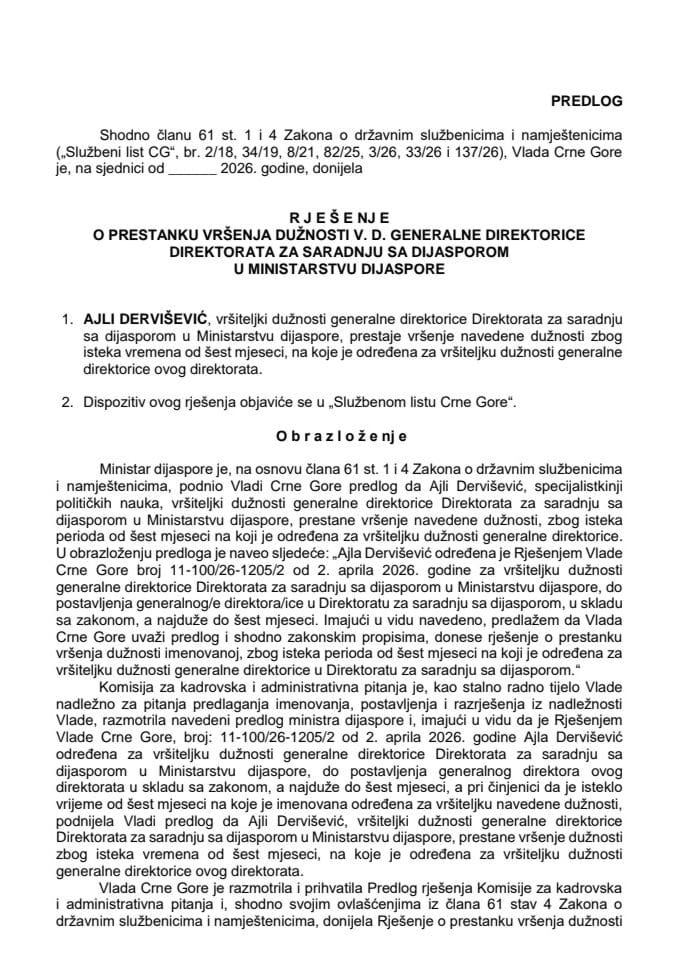 Predlog za prestanak vršenja dužnosti v. d. generalne direktorice Direktorata za saradnju sa dijasporom u Ministarstvu dijaspore