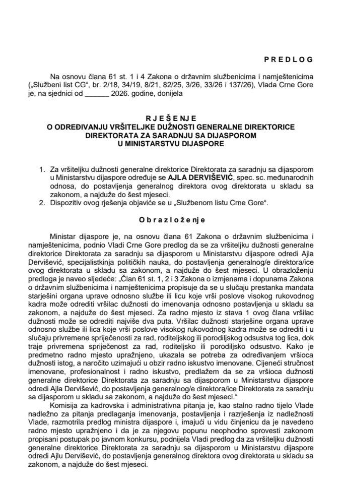 Predlog za određivanje vršiteljke dužnosti generalne direktorice Direktorata za saradnju sa dijasporom u Ministarstvu dijaspore