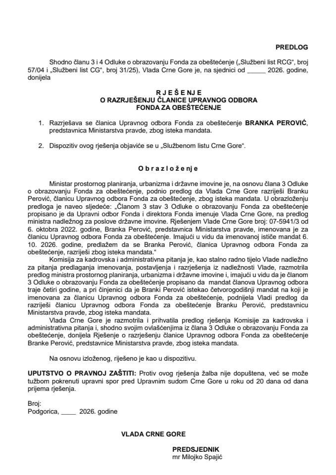 Predlog za razrješenje članice Upravnog odbora Fonda za obeštećenje