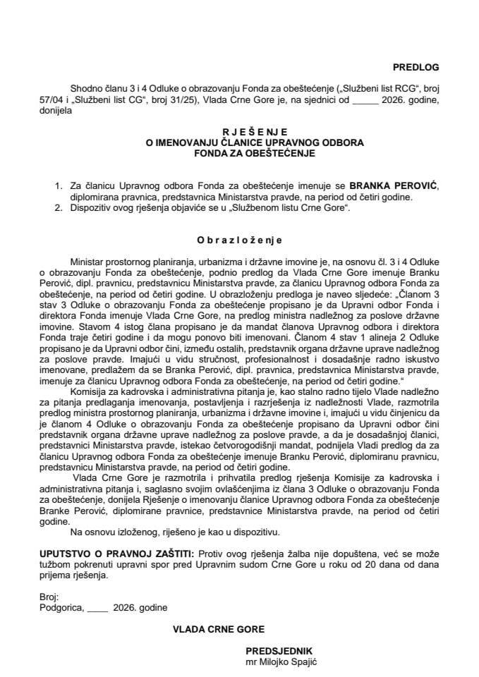 Predlog za imenovanje članice Upravnog odbora Fonda za obeštećenje