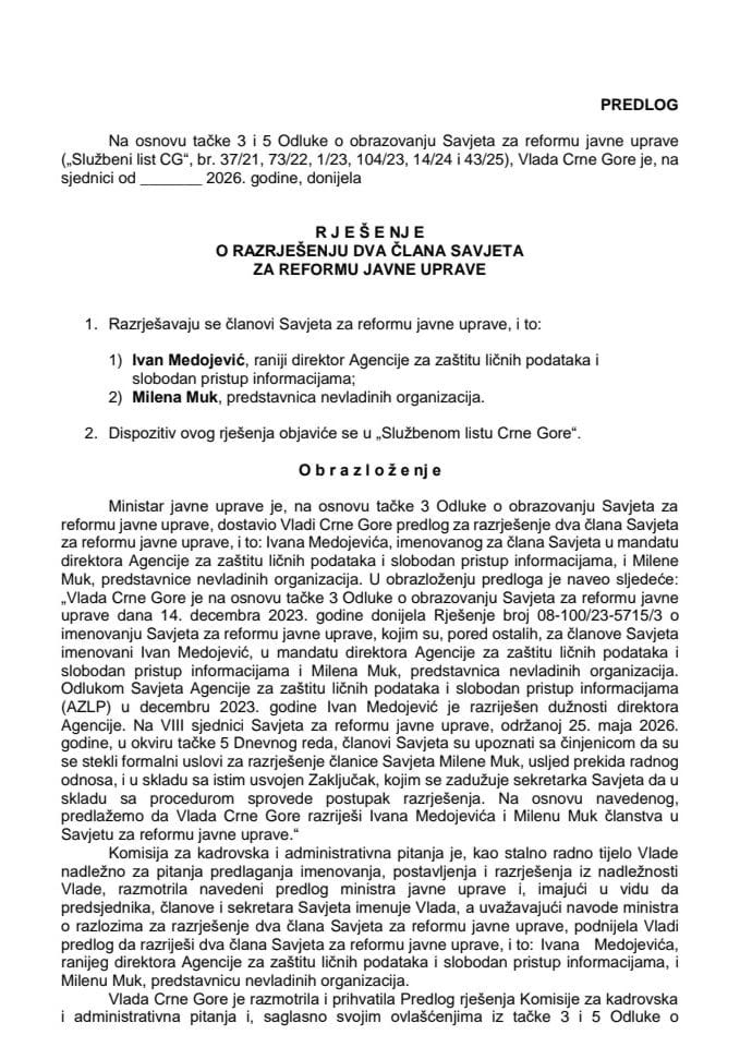 Predlog za razrješenje dva člana Savjeta za reformu javne uprave