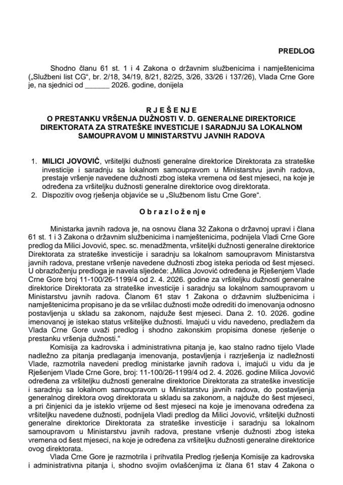 Predlog za prestanak vršenja dužnosti v. d. generalne direktorice Direktorata za strateške investicije i saradnju sa lokalnom samoupravom u Ministarstvu javnih radova