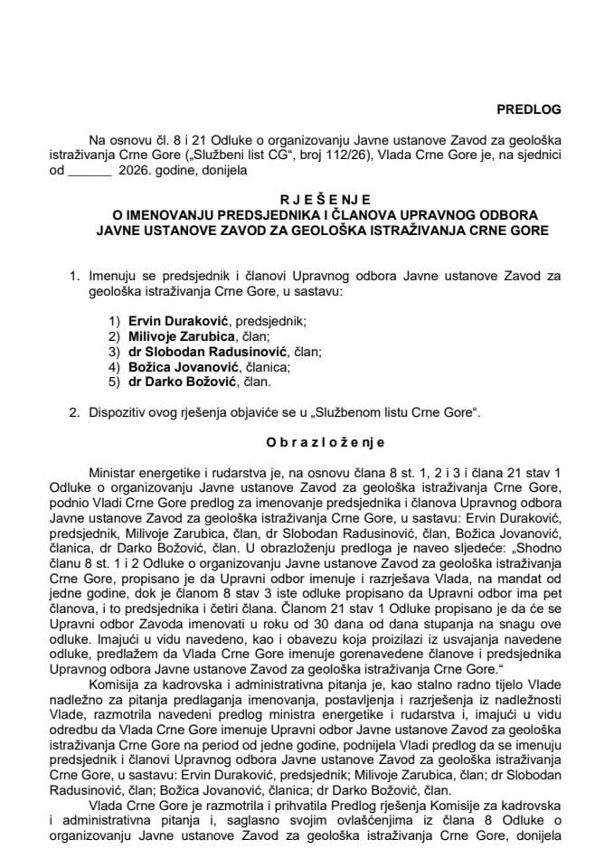 Predlog za imenovanje predsjednika i članova Upravnog odbora JU Zavod za geološka istraživanje Crne Gore