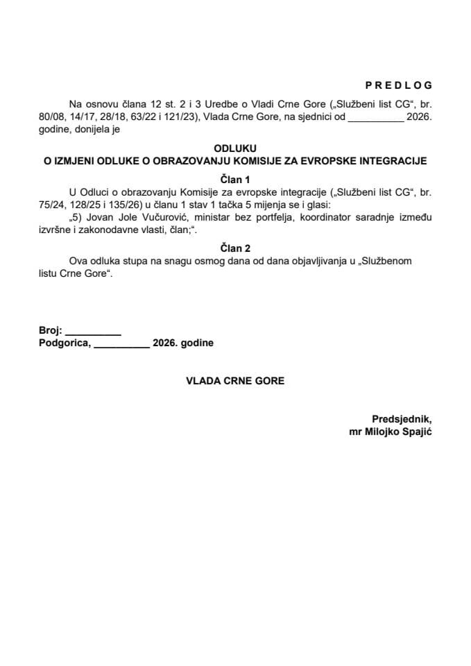 Predlog odluke o izmjeni Odluke o obrazovanju Komisije za evropske integracije