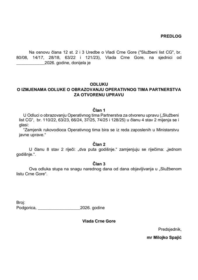 Predlog odluke o izmjenama Odluke o obrazovanju Operativnog tima Partnerstva za otvorenu upravu