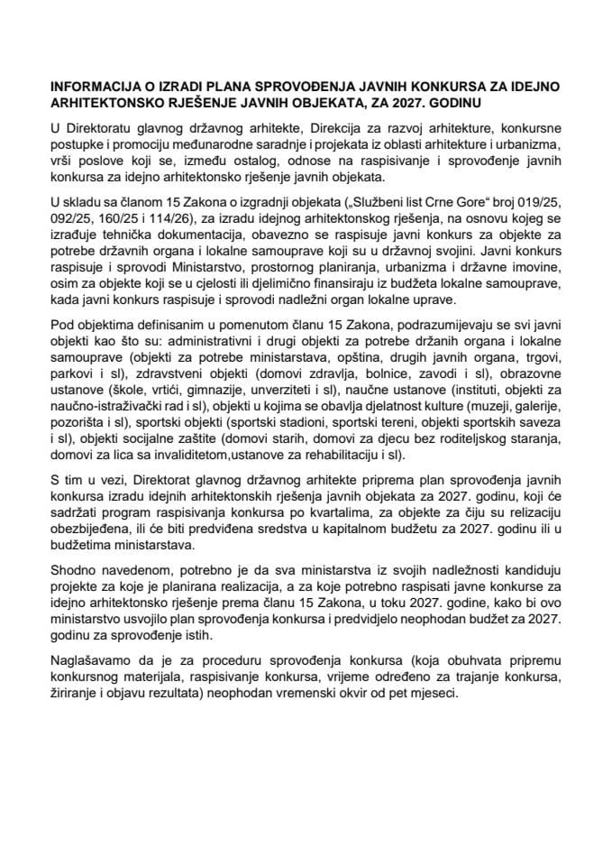Informacija o izradi plana sprovođenja javnih konkursa za idejno arhitektonsko rješenje javnih objekata, za 2027. godinu