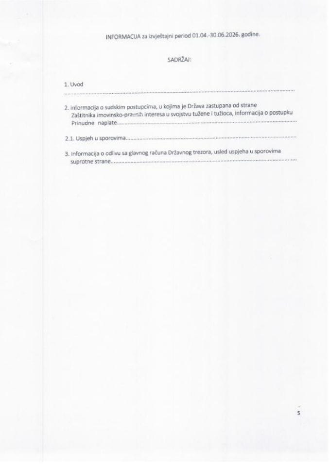 Informacija za izvještajni period 01.04.2026. do 30.06.2026. godine, koju je dostavio Zaštitnik imovinsko-pravnih interesa Crne Gore