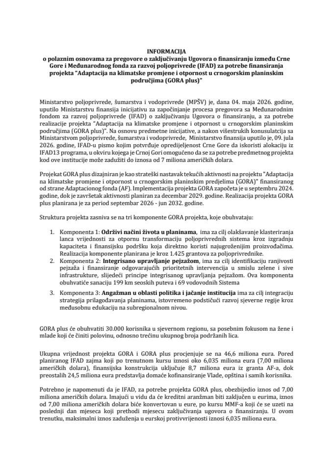 Informacija o polaznim osnovama za pregovore o zaključivanju Ugovora o finansiranju između Crne Gore i Međunarodnog fonda za razvoj poljoprivrede (IFAD)