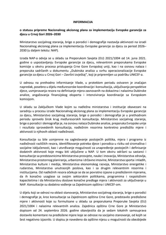 Informacija o statusu pripreme Nacionalnog akcionog plana za implementaciju Evropske garancije za djecu u Crnoj Gori 2026-2030