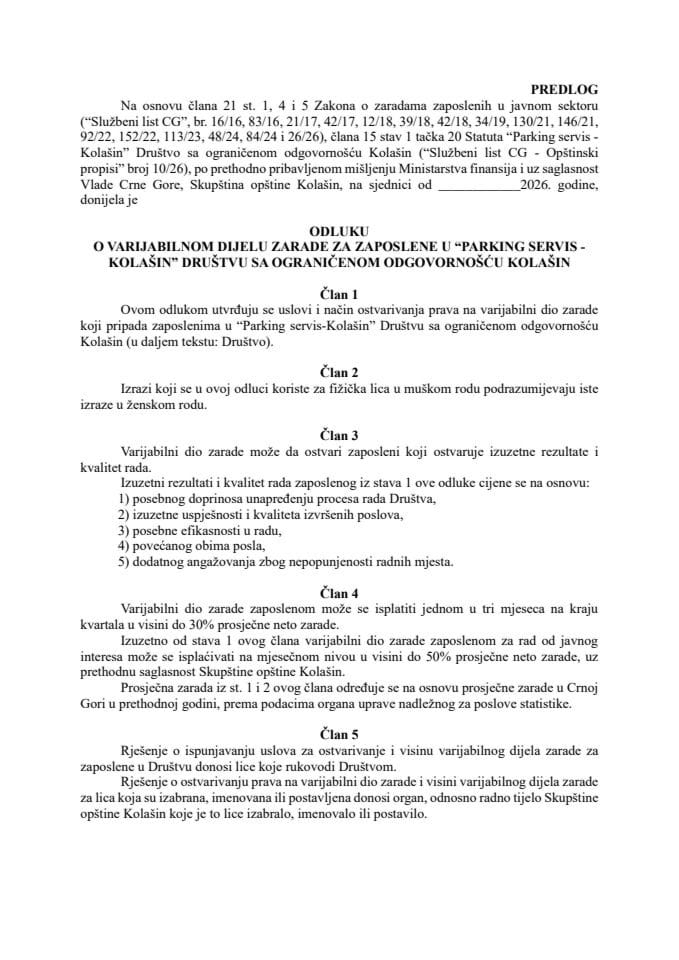 Predlog odluke o varijabilnom dijelu zarade za zaposlene u „Parking servis – Kolašin“ Društvu sa ograničenom odgovornošću Kolašin