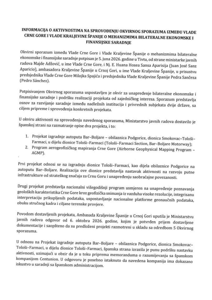 Informacija o aktivnostima na sprovođenju Okvirnog sporazuma između Vlade Crne Gore i Vlade Kraljevine Španije o mehanizmima bilateralne ekonomske i finansijske saradnje