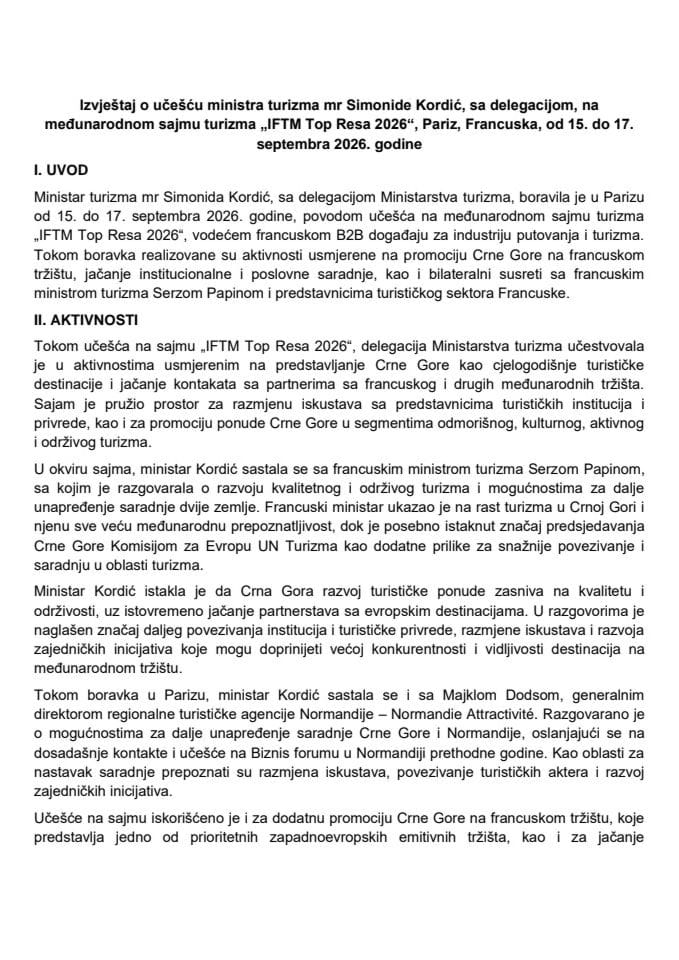 Izvještaj o učešću ministra turizma mr Simonide Kordić, sa delegacijom, na međunarodnom sajmu turizma „IFTM Top Resa 2026“, Pariz, Francuska, od 15. do 17. septembra 2026. godine