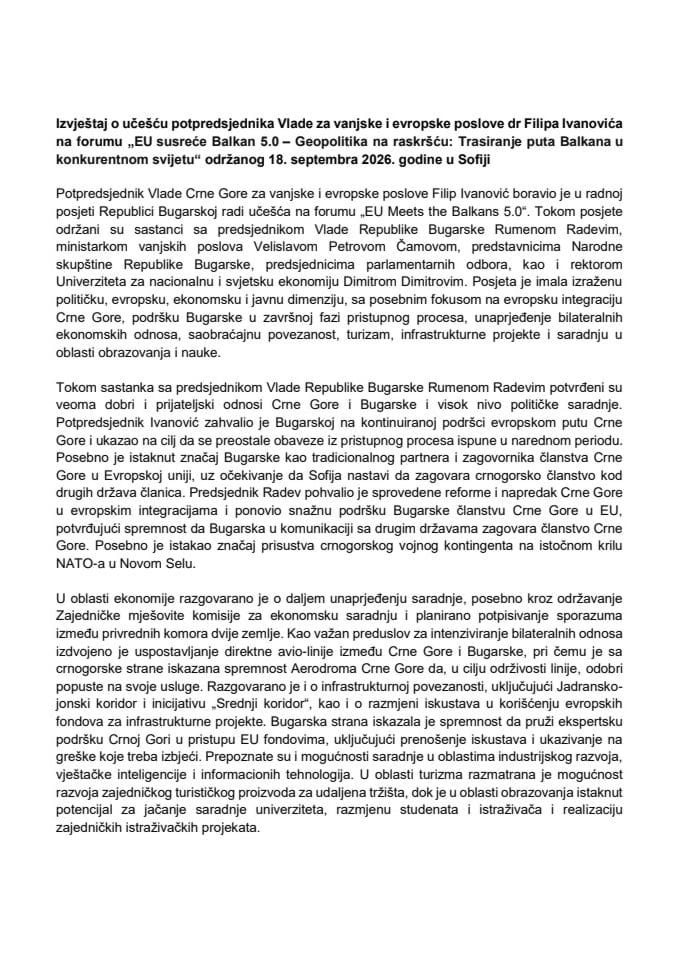 Izvještaj o učešću potpredsjednika Vlade za vanjske i evropske poslove dr Filipa Ivanovića na forumu „EU susreće Balkan 5.0 - Geopolitika na raskršću: Trasiranje puta Balkana u konkurentnom svijetu“, održanog 18. septembra 2026. godine, u Sofiji