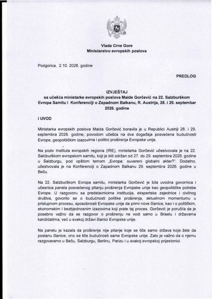 Izvještaj sa učešća ministarke evropskih poslova Maide Gorčević na 22. Salzburškom Evropa Samitu i Konferenciji o Zapadnom Balkanu, Republika Austrija, 28. i 29. septembar 2026. godine