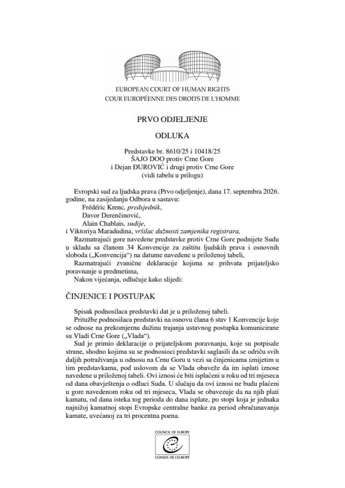 Odluka u predmetima ŠAJO DOO protiv Crne Gore (predstavka br. 8610/25) i Dejan Đurović i drugi protiv Crne Gore