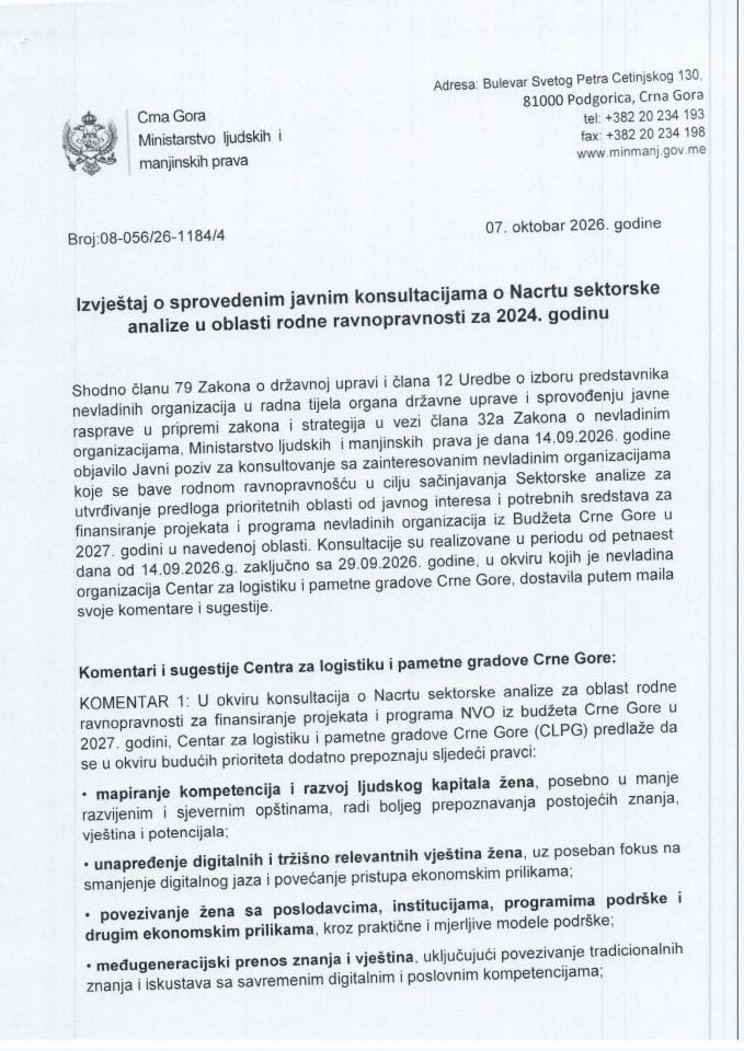 IZVJEŠTAJ O SPROVEDENIM JAVNIM KONSULTACIJAMA O NACRTU SEKTORSKE ANALIZE U OBLASTI Rodne Ravnopravnosti