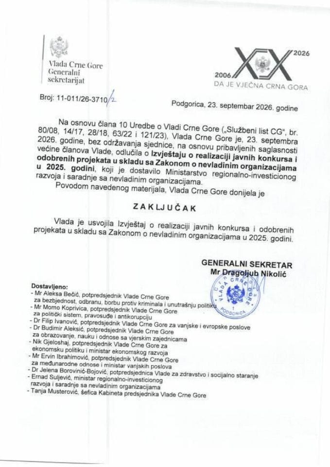 Izvještaj o realizaciji javnih konkursa i odobrenih projekata u skladu sa Zakonom o nevladinim organizacijama u 2025. godini - Zaključci
