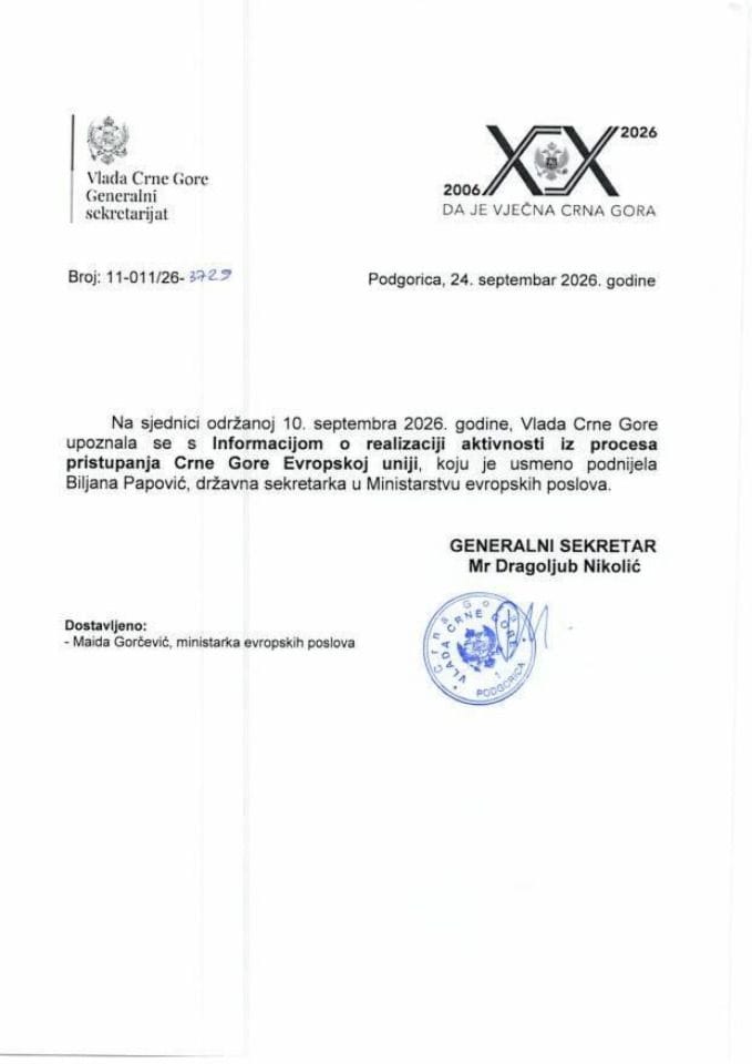 Usmena informacija o realizaciji aktivnosti iz procesa pristupanja Crne Gore Evropskoj uniji - Zaključci
