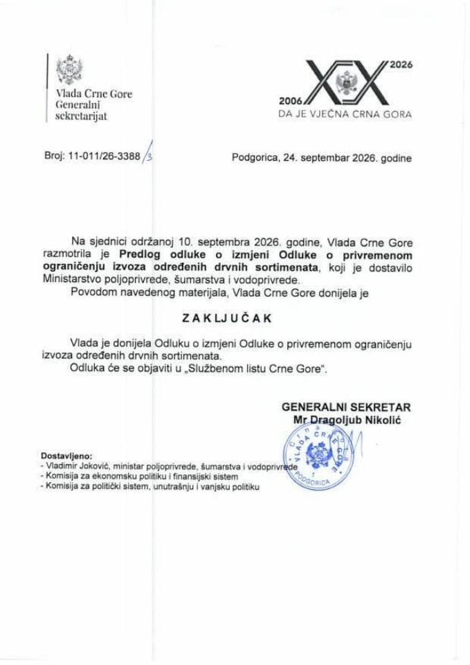 Predlog odluke o izmjeni Odluke o privremenom ograničenju izvoza određenih drvnih sortimenata - Zaključci