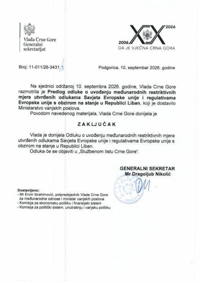 Predlog odluke o uvođenju međunarodnih restriktivnih mjera utvrđenih odlukama Savjeta Evropske unije i regulativama Evropske unije s obzirom na stanje u Republici Liban - Zaključci