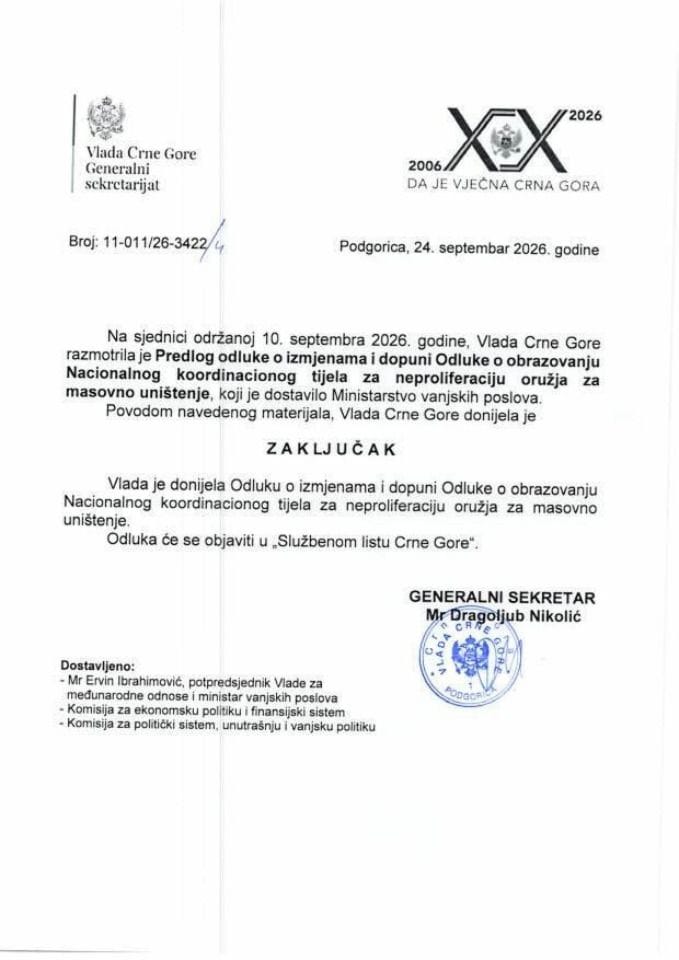 Predlog odluke o izmjenama i dopuni Odluke o obrazovanju Nacionalnog koordinacionog tijela za neproliferaciju oružja za masovno uništenje - Zaključci