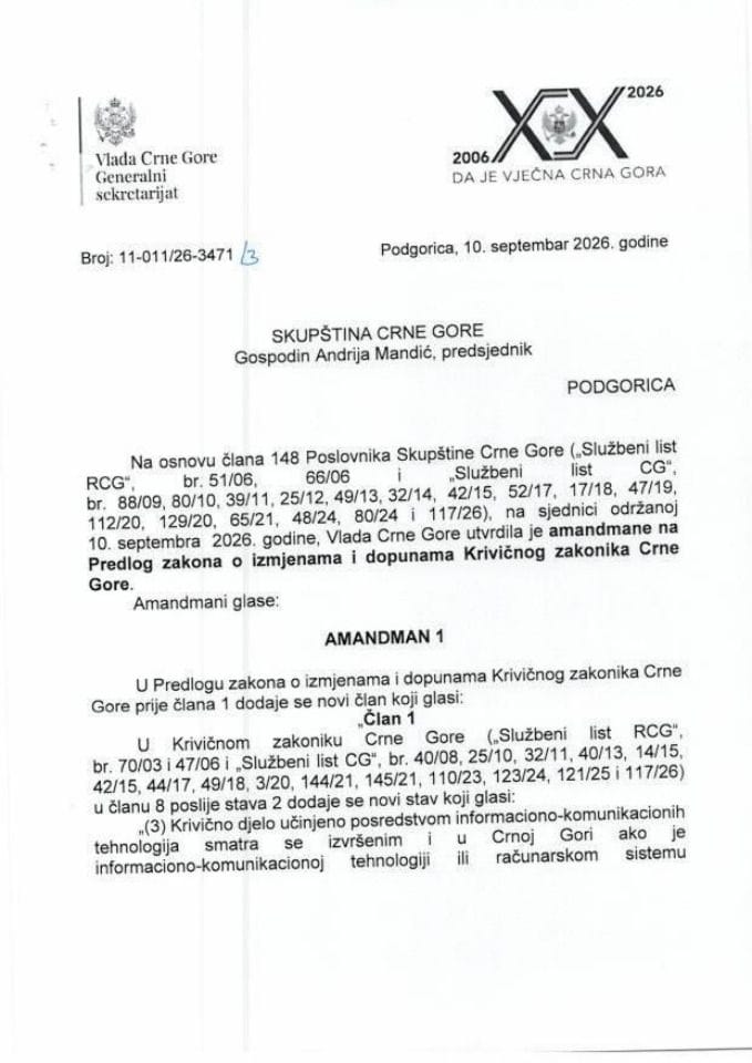 Predlog amandmana na Predlog zakona o izmjenama i dopunama Krivičnog zakonika Crne Gore - Zaključci