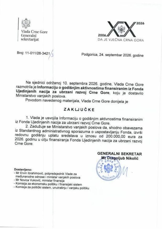 Informacija o godišnjim aktivnostima finansiranim iz Fonda Ujedinjenih nacija za ubrzani razvoj Crne Gore - Zaključci