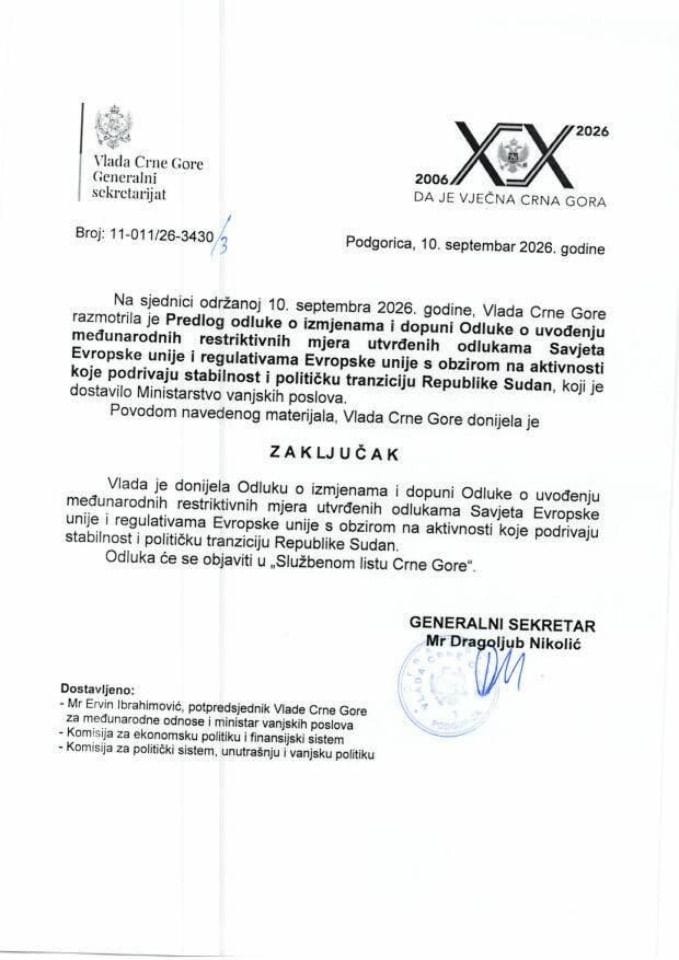 Predlog odluke o izmjenama i dopuni Odluke o uvođenju međunarodnih restriktivnih mjera utvrđenih odlukama Savjeta EU i regulativama EU s obzirom na aktivnosti koje podrivaju stabilnost i političku tranziciju Republike Sudan - Zaključci