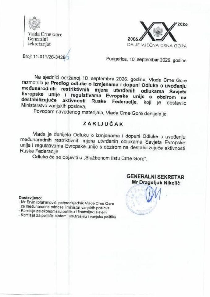 Predlog odluke o izmjenama i dopuni Odluke o uvođenju međunarodnih restriktivnih mjera utvrđenih odlukama Savjeta Evropske unije i regulativama Evropske unije s obzirom na destabilizujuće aktivnosti Ruske Federacije - Zaključci