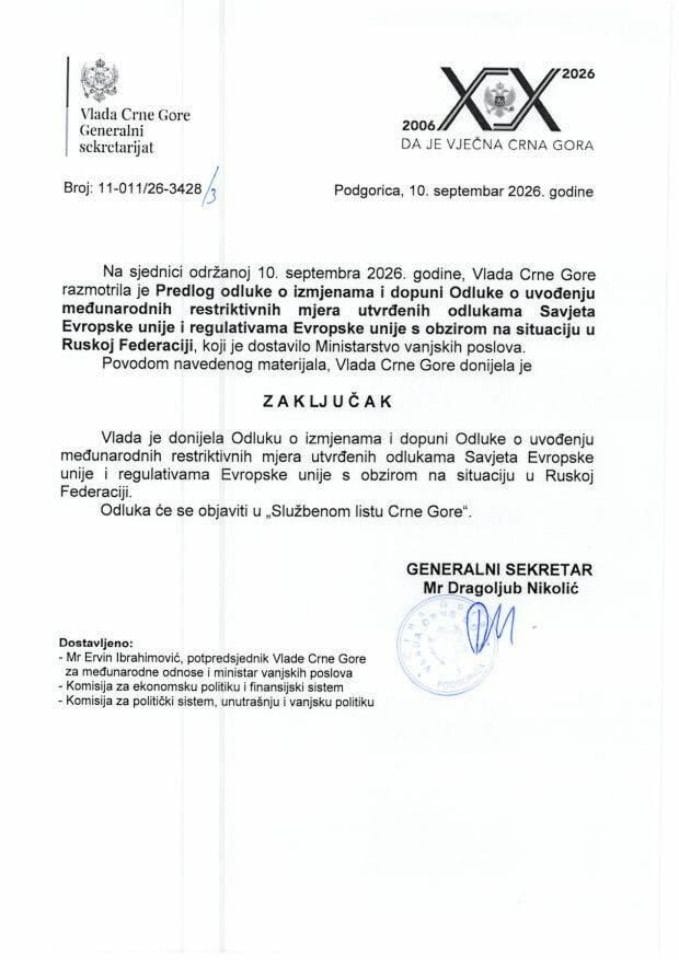 Predlog odluke o izmjenama i dopuni Odluke o uvođenju međunarodnih restriktivnih mjera utvrđenih odlukama Savjeta Evropske unije i regulativama Evropske unije s obzirom na situaciju u Ruskoj Federaciji - Zaključci
