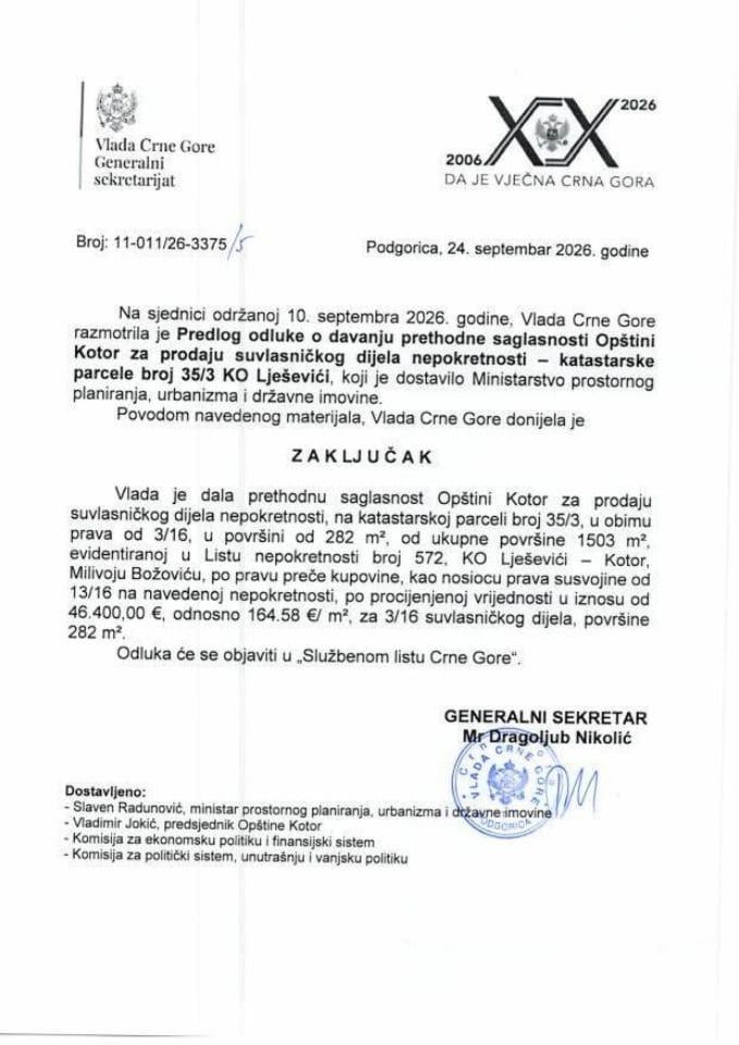 Predlog odluke o davanju prethodne saglasnosti Opštini Kotor za prodaju suvlasničkog dijela nepokretnosti - katastarske parcele broj 35/3 KO Lješevići - Zaključci