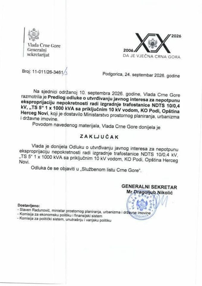 Predlog odluke o utvrđivanju javnog interesa za nepotpunu eksproprijaciju nepokretnosti radi izgradnje trafostanice NDTS 10/0,4 kV, „TS 5“ 1x 1000 kVA sa priključnim 10 kV vodom, KO Podi, Opština Herceg Novi - Zaključci